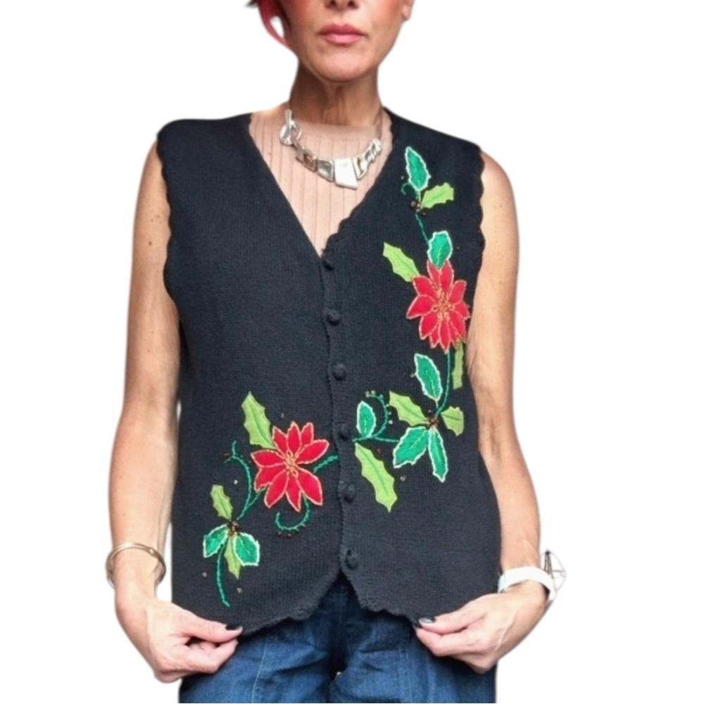 Designers Originals Studio Joy Embroidered Poinsettia Christmas Sweater Vest